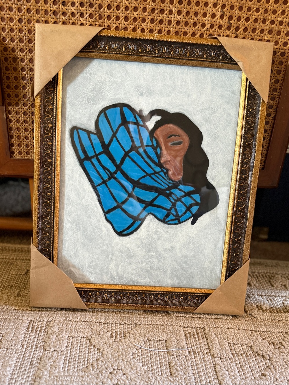New Original Framed blue Abstract Art woman Portrait Blue 14x17” gold frame